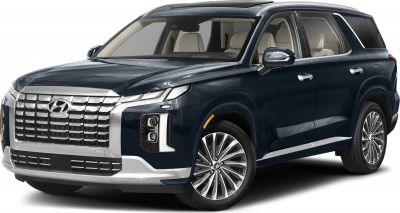 Front-side view of SUV with bold grille and modern LED headlights