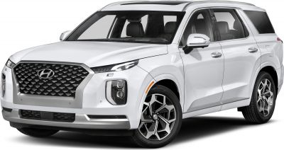 Large angular grille and modern LED headlights on SUV angled front side view