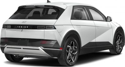 Rear and side view of modern electric hatchback with distinctive taillights.