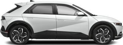 Side profile of electric SUV with geometric body lines and unique black-silver wheels