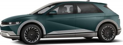 Side profile of an electric crossover with geometric body lines and distinctive alloy wheels