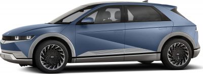 Side view of futuristic hatchback with geometric alloy wheels and angular body lines