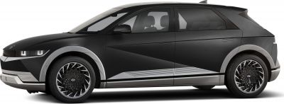 Side view of a sleek black electric crossover with geometric alloy wheels