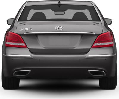 Luxury sedan rear with tail lights and dual exhaust ports