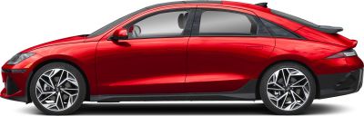 Red electric sedan side profile with aerodynamic design and geometric alloy wheels