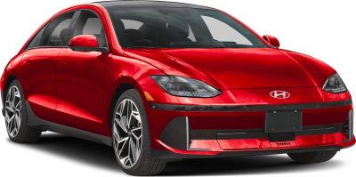 Red electric sedan with aerodynamic body and LED headlights