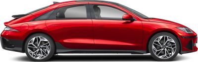 Sleek red electric sedan with distinctive alloy wheels and aerodynamic profile