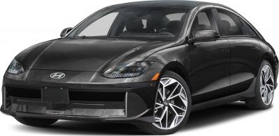 Front view and alloy wheels of a sleek black electric sedan