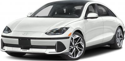 Front and side view of electric sedan with sleek headlights and aerodynamic body