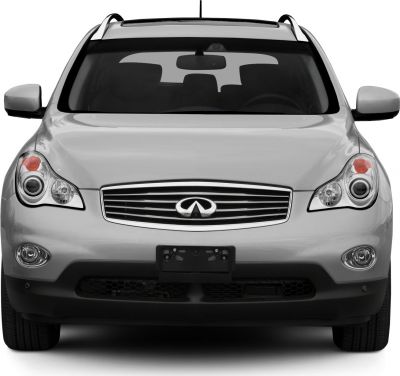 Front view with signature headlights, grille, and roof rails
