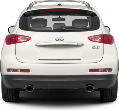 Rear view of SUV with dual exhaust and chrome handle bar