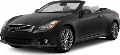 Front side view of a convertible with roof down and alloy wheels
