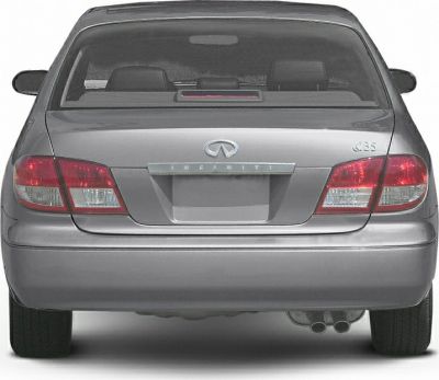Rear view of a sedan featuring taillights and dual exhaust pipes