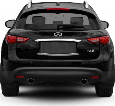 Rear SUV view with dual exhaust and roof rails