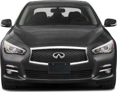 Distinctive grille and headlight design in black luxury sedan front view