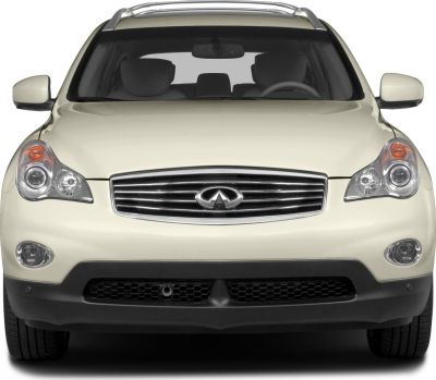 Front view of SUV with chrome grille and dual round headlights