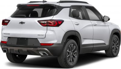 Rear and side view of white SUV with sleek rear lights and dual exhausts.