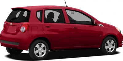 Compact red 5-door hatchback with rear side view and alloy wheels
