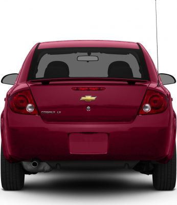 Rear view of a compact sedan with taillights, rear window, and exhaust pipe.