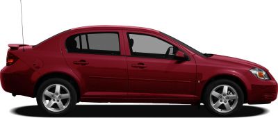 Red sedan side profile with alloy wheels and roof spoiler