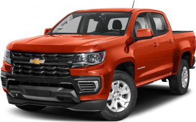 Front three-quarter view of a bright orange pickup truck with black grille