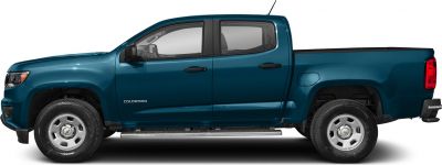 Side view of a crew cab pickup truck with long box and four doors