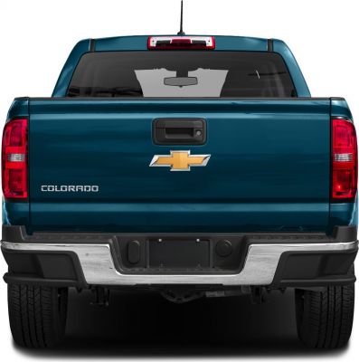 Rear view of pickup truck with tailgate, bumper, and emblem