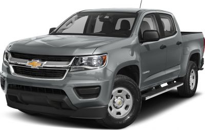 Front view of crew cab long bed pickup truck with headlights and grille