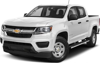 White mid-size pickup with crew cab and long box, front and side view