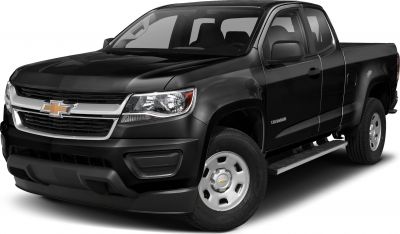 Front three-quarter view of extended cab pickup with long box