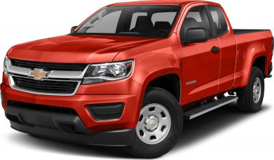 Front side view of red extended cab pickup with long bed