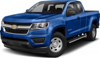 Front view of extended cab pickup with long box and side step