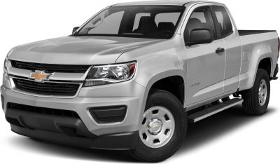 Front angled view of pickup truck with extended cab and long box