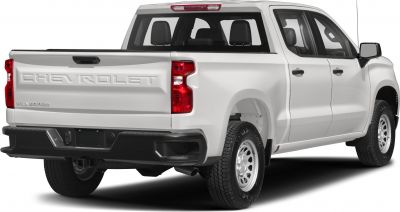 Rear view of pickup with embossed tailgate and distinct vertical taillights