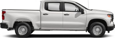 Side view of a crew cab pickup with standard truck bed and steel wheels