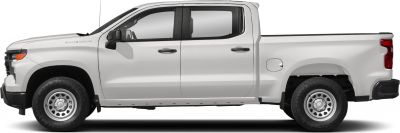Side profile of crew cab short box pickup with steel wheels and extended doors