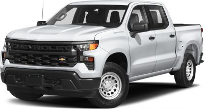 Front and side view of white pickup with regular cab and steel wheels.
