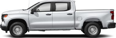 Side profile of a pickup with standard cargo box and steel wheels
