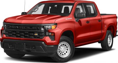 Red pickup truck with bold black front grille and standard box design