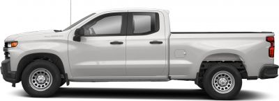 Side profile of a double cab pickup truck with steel wheels and extended bed