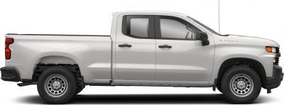 White pickup truck with extended double cab and cargo bed side profile