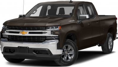 Front side view of pickup truck with double cab and chrome grille