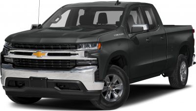 Front-side view of a pickup truck with chrome grille and double cab