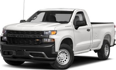 Front and side view of a single cab pickup with a long cargo bed and black grille