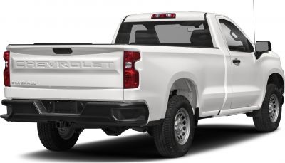 Rear and side view of regular cab long box pickup truck