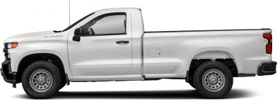 Side view of a regular cab pickup with long bed and steel wheels
