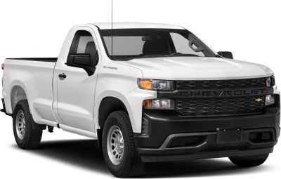 Front side view of white pickup with regular cab and long cargo box