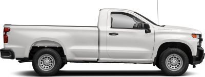 Side profile of regular cab pick-up truck with long bed and rugged wheels