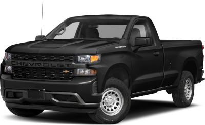 Front view of a black single cab pickup truck with long bed