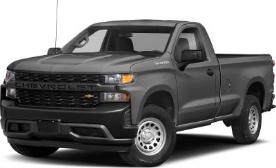 Front view of a rugged pickup with black grille and steel wheels